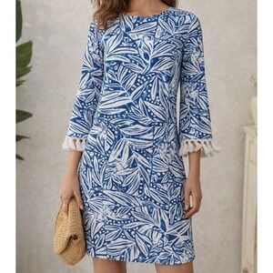 J McLaughlin Brenda Shift Dress Catalina Blue White‎ Willow Bluff Tassel Small